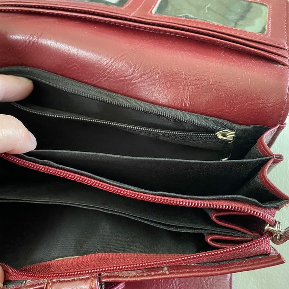 Via Roma Vintage Wallet Zippered Clutch Burgundy Snap Pockets Compartments - Picture 9 of 15